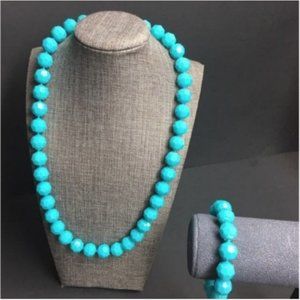 VTG Pop Bead Necklace Bracelet Light Blue Faceted Adjustable Retro